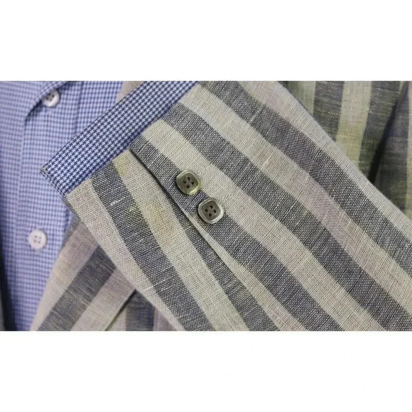 Custom Made Navy/Sky Blue Striped Mila Schon Linen Boating Patch Pkt Blazer 38S - Picture 6 of 8